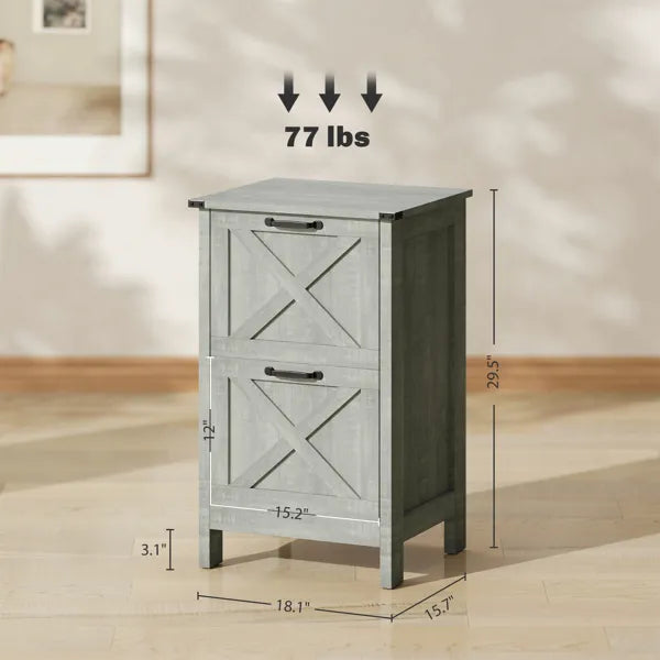 2-Drawer File Cabinet with Barn Door Design – Distressed Light Gray | Home Office Printer Stand