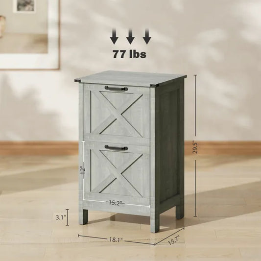 2-Drawer File Cabinet with Barn Door Design – Distressed Light Gray | Home Office Printer Stand