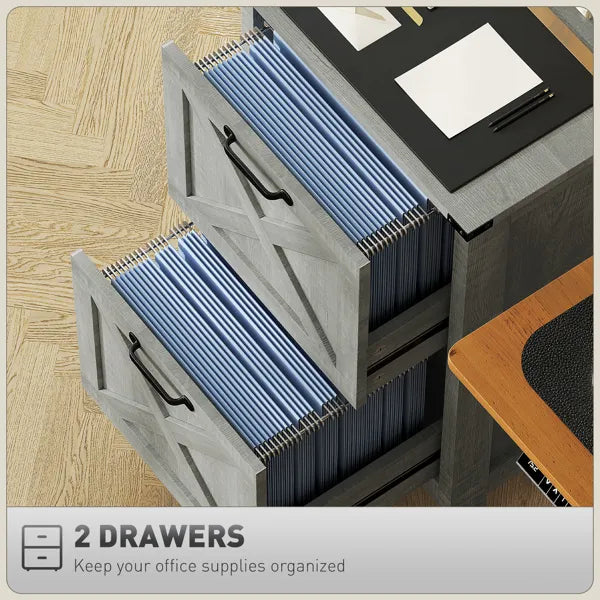 2-Drawer File Cabinet with Barn Door Design – Distressed Light Gray | Home Office Printer Stand