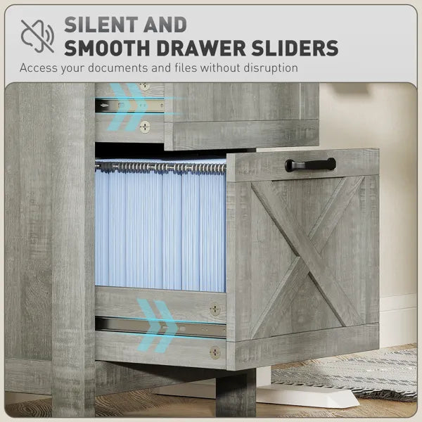 2-Drawer File Cabinet with Barn Door Design – Distressed Light Gray | Home Office Printer Stand