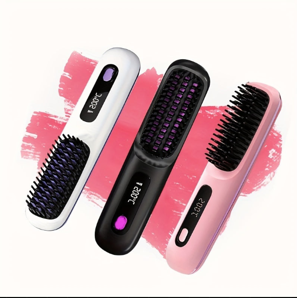 Cordless Hair Straightener Brush – Portable Ionic Straightening Comb with LED Display & USB Recharge