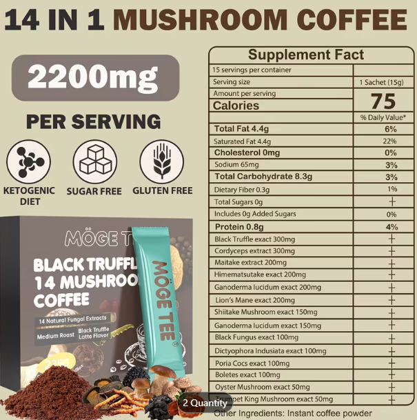 MOGE TEE 14-in-1 Mushroom Coffee – Black Truffle Latte | Instant Cold Brew Arabica | 15 Sachets