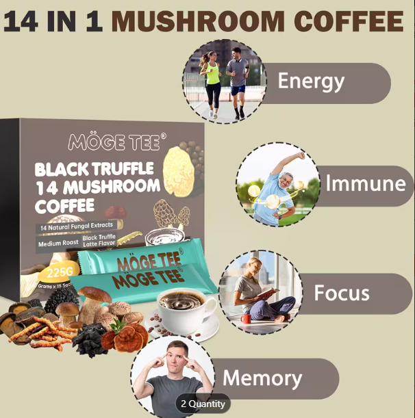 MOGE TEE 14-in-1 Mushroom Coffee – Black Truffle Latte | Instant Cold Brew Arabica | 15 Sachets