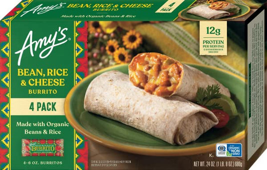 Amy's Organic Bean, Cheese & Rice Burrito, Frozen, 6 oz (Pack of 4)
