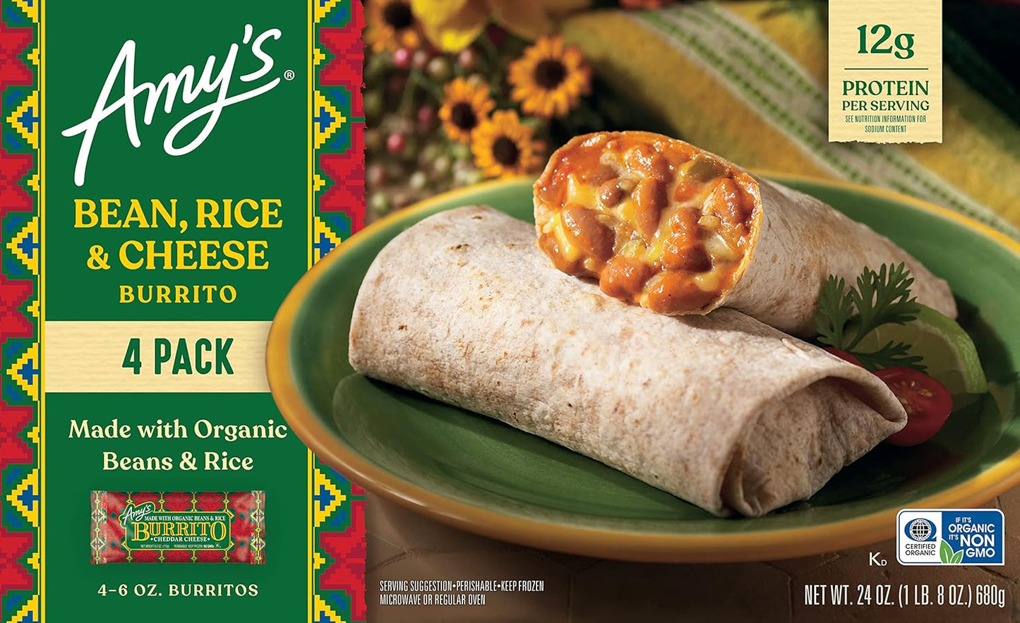 Amy's Organic Bean, Cheese & Rice Burrito, Frozen, 6 oz (Pack of 4)