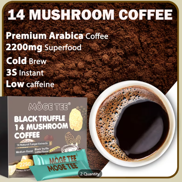MOGE TEE 14-in-1 Mushroom Coffee – Black Truffle Latte | Instant Cold Brew Arabica | 15 Sachets