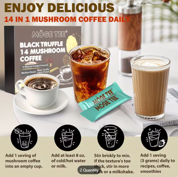MOGE TEE 14-in-1 Mushroom Coffee – Black Truffle Latte | Instant Cold Brew Arabica | 15 Sachets
