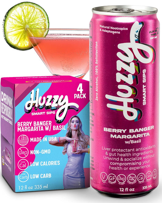 Huzzy Smart Sips Berry Banger Margarita Non-Alcoholic Cocktail, 4 Pack