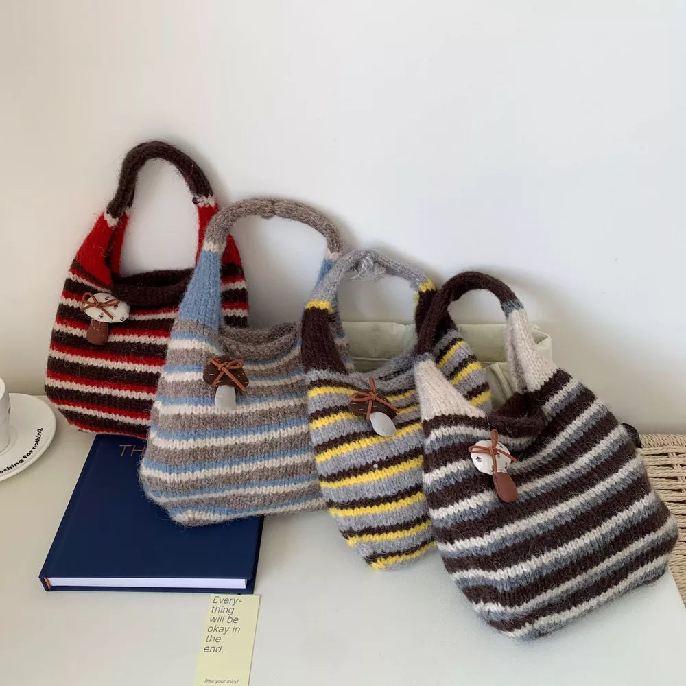 Knitted Striped Crossbody Handbag – Small Polyester Bag