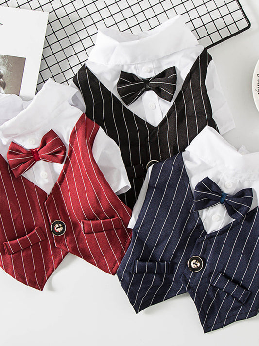 Striped Bow Tie Pet Blazer | Dapper Polyester Jacket for Dogs & Cats