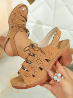 Women's Lace-Up Block Heel Sandals – High Heel PU Leather