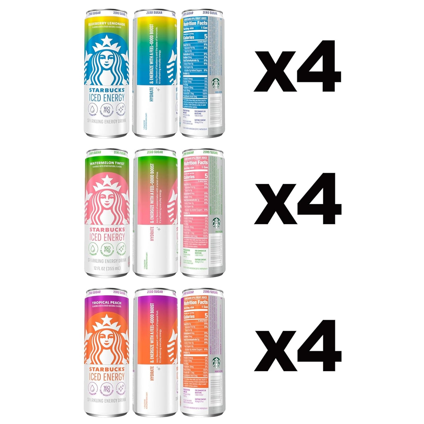 Starbucks Iced Energy Drink | Zero Sugar Variety Pack | 160mg Plant-Based Caffeine | 12 fl. oz. (Pack of 12)