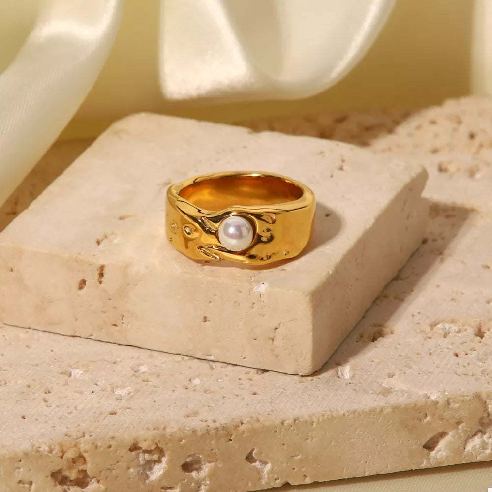 18K Gold-Plated Pearl Ring | Stainless Steel Band | Sizes 6–8