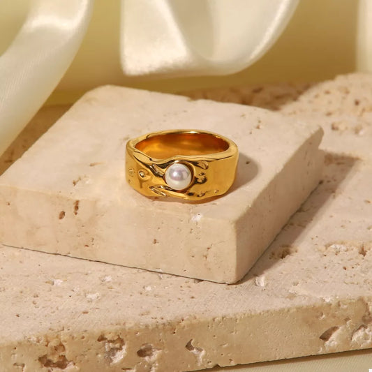 18K Gold-Plated Pearl Ring | Stainless Steel Band | Sizes 6–8