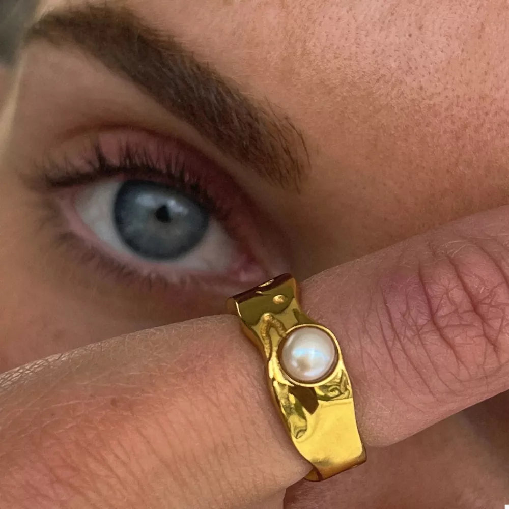 18K Gold-Plated Pearl Ring | Stainless Steel Band | Sizes 6–8