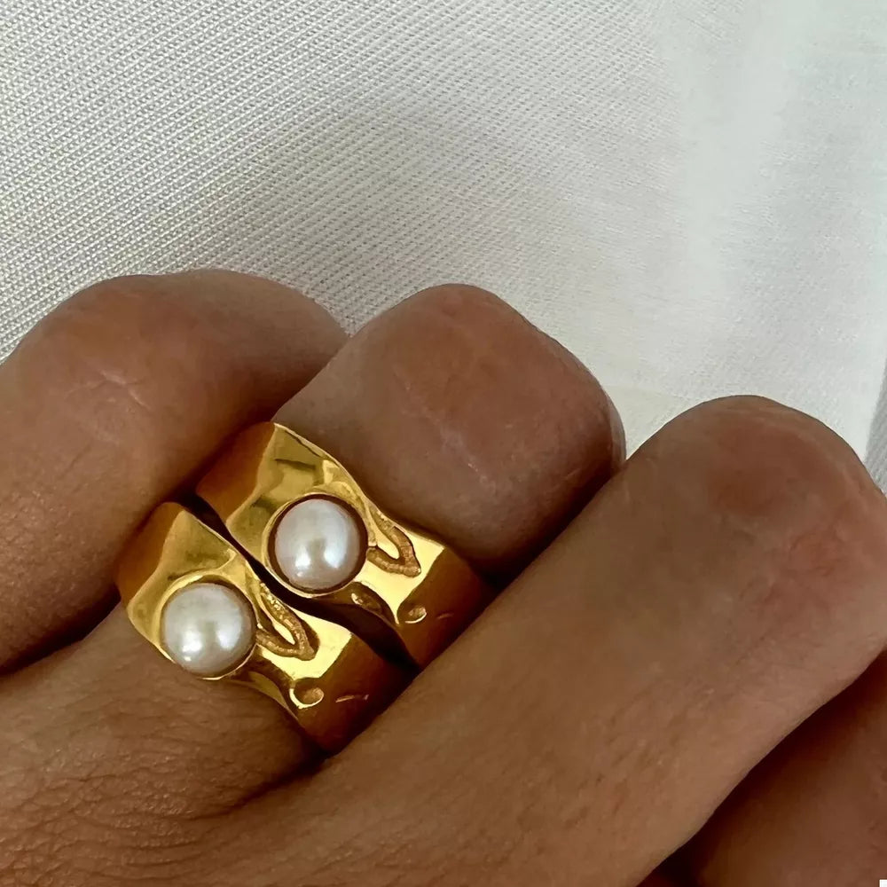 18K Gold-Plated Pearl Ring | Stainless Steel Band | Sizes 6–8