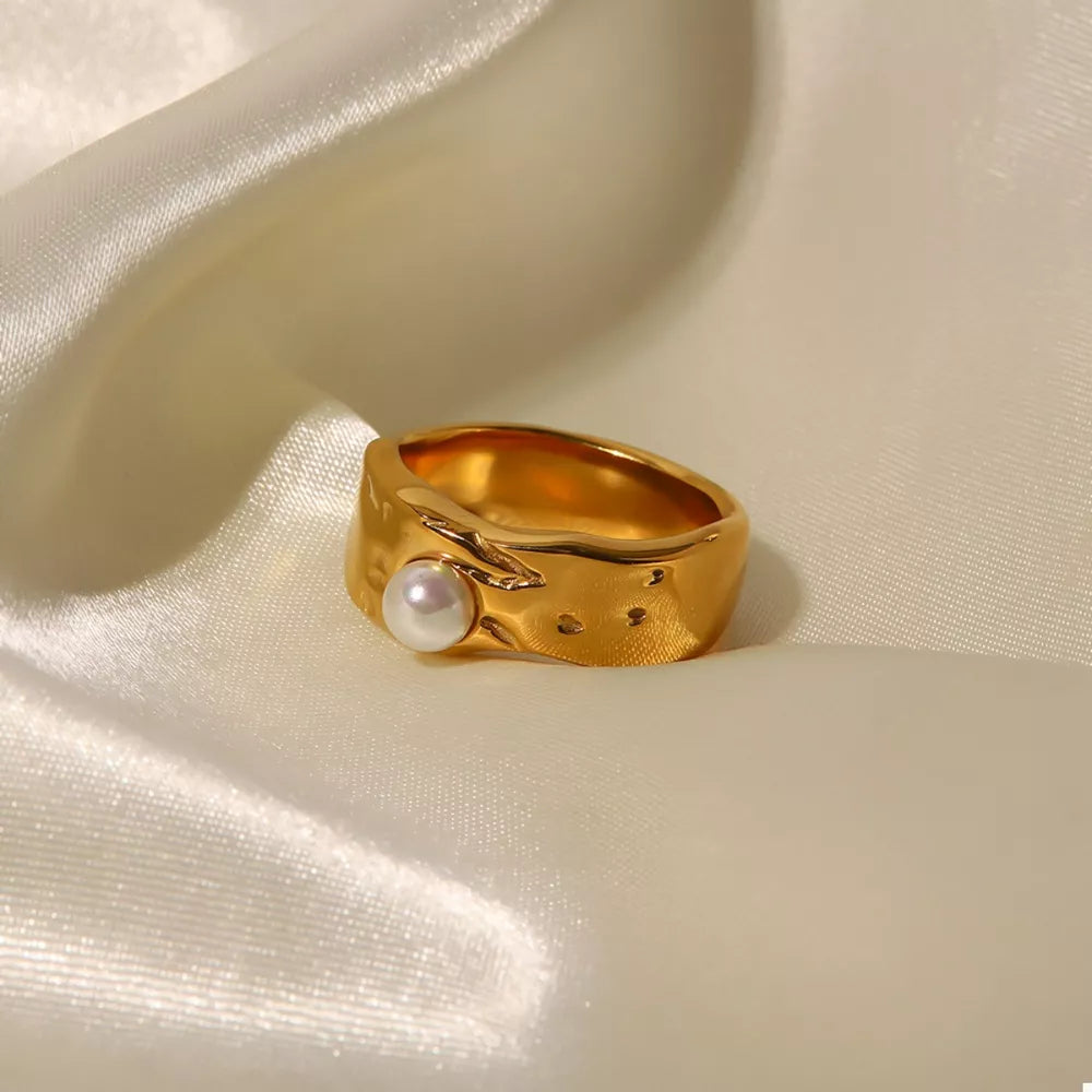 18K Gold-Plated Pearl Ring | Stainless Steel Band | Sizes 6–8