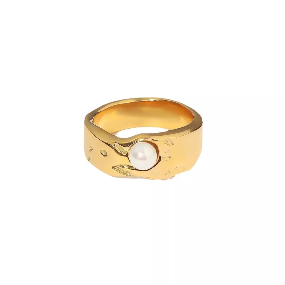 18K Gold-Plated Pearl Ring | Stainless Steel Band | Sizes 6–8