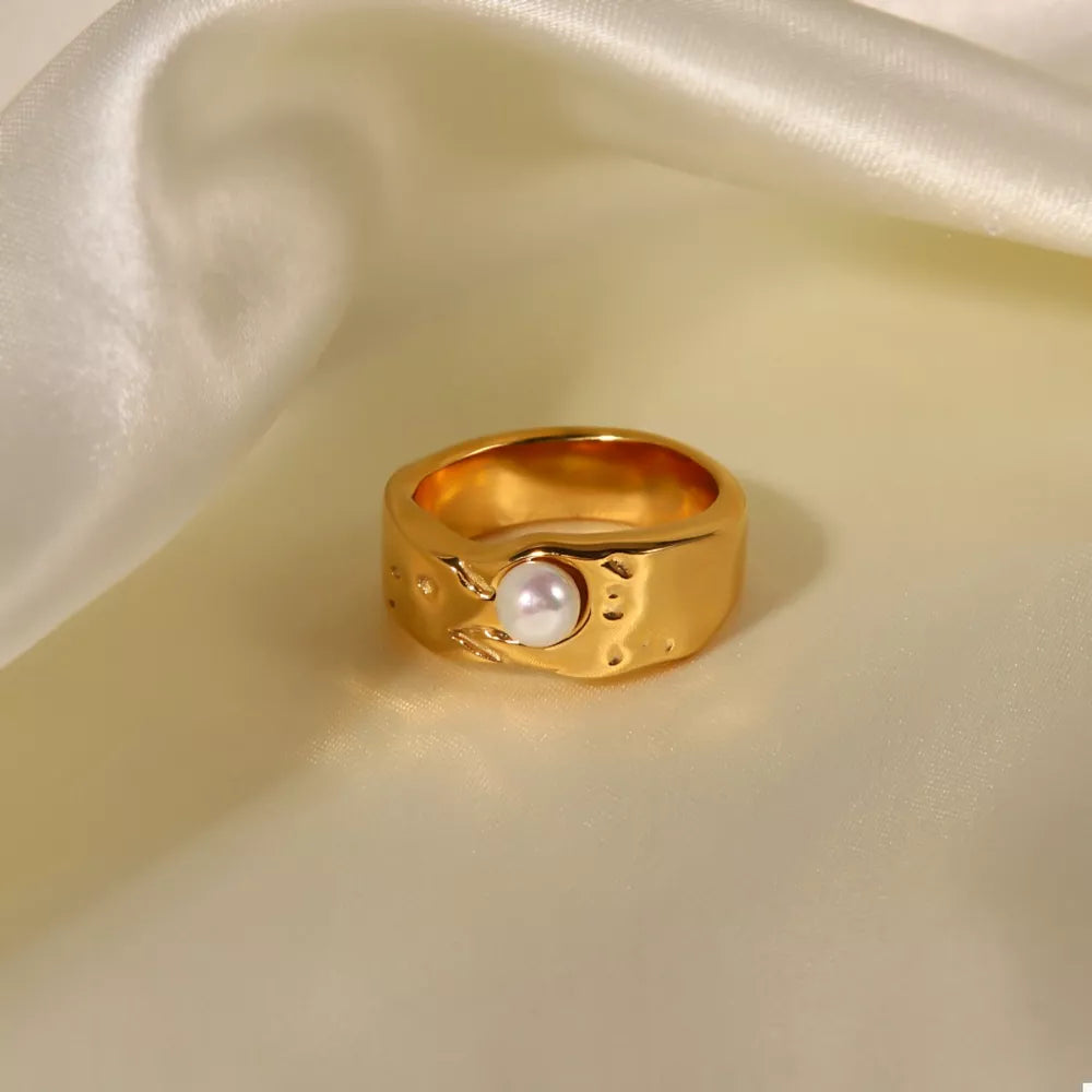 18K Gold-Plated Pearl Ring | Stainless Steel Band | Sizes 6–8