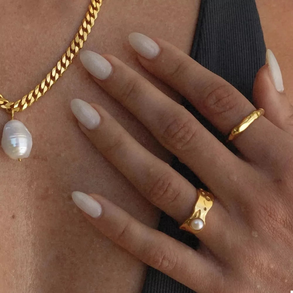 18K Gold-Plated Pearl Ring | Stainless Steel Band | Sizes 6–8