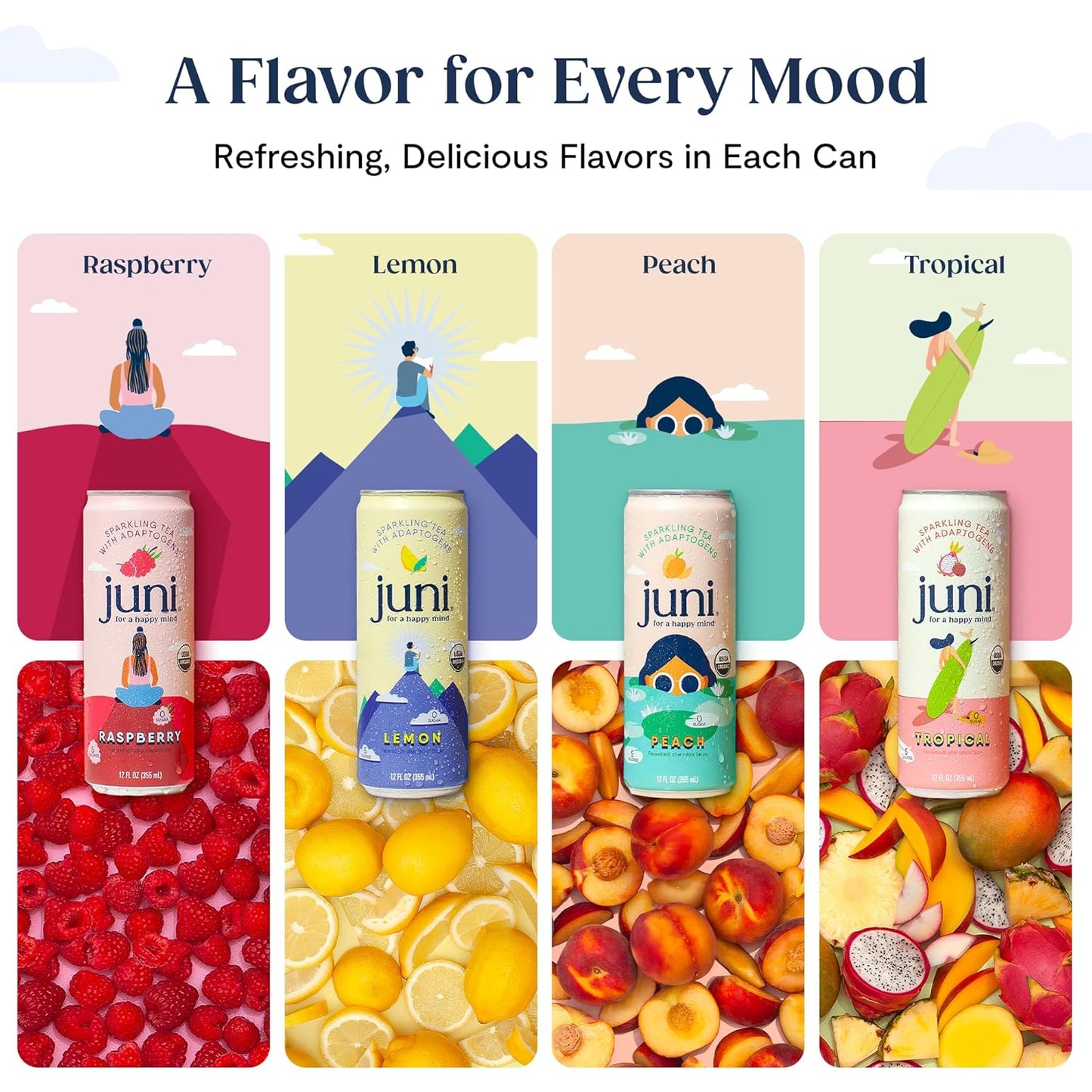Juni Sparkling Adaptogen Drink, Variety Pack, Zero Sugar, 12 fl. oz. (12 Pack)