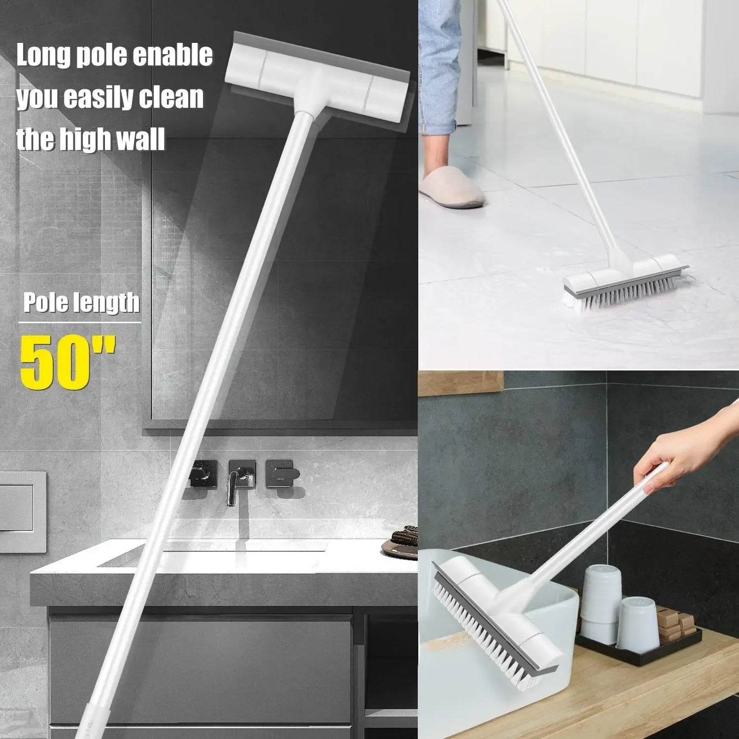 BOOMJOY 2-in-1 Floor Scrub Brush with Scraper | Long Handle Stiff Bristle Brush for Bathroom & Kitchen