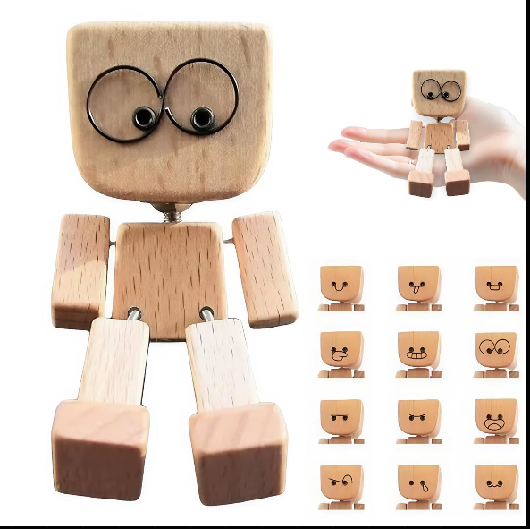 Wooden Car Dashboard Figurine | Shaking Bobblehead Man with 12 Swappable Magnetic Expressions | Funny Gift